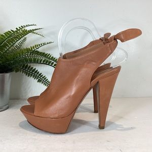 SERGIO ROSSI LEATHER PLATFORM STILETTO HEEL PEEP TOE HEELS CAMEL SZ EUR 38 US 8